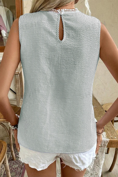 Refined Stripe Lace Panel Sleeveless Crew Neck Blouse Top