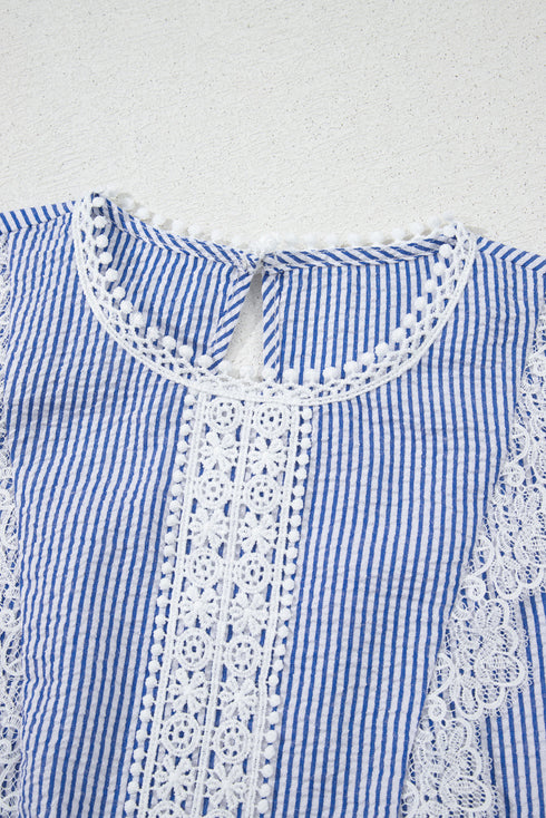 Refined Stripe Lace Panel Sleeveless Crew Neck Blouse Top