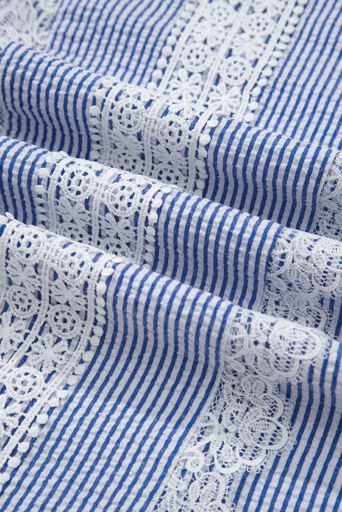 Refined Stripe Lace Panel Sleeveless Crew Neck Blouse Top