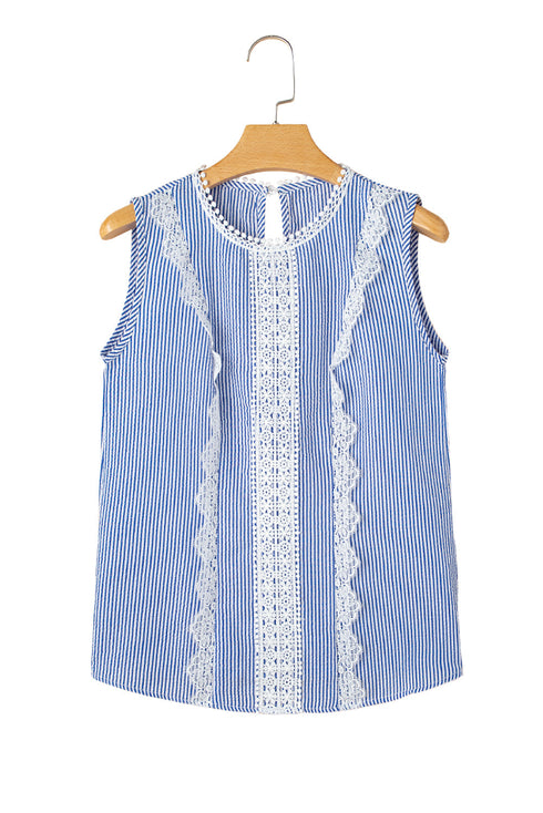 Refined Stripe Lace Panel Sleeveless Crew Neck Blouse Top