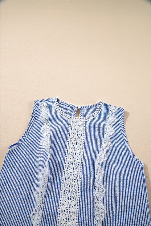 Refined Stripe Lace Panel Sleeveless Crew Neck Blouse Top