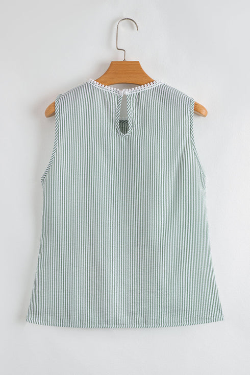Refined Stripe Lace Panel Sleeveless Crew Neck Blouse Top