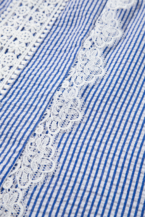 Refined Stripe Lace Panel Sleeveless Crew Neck Blouse Top