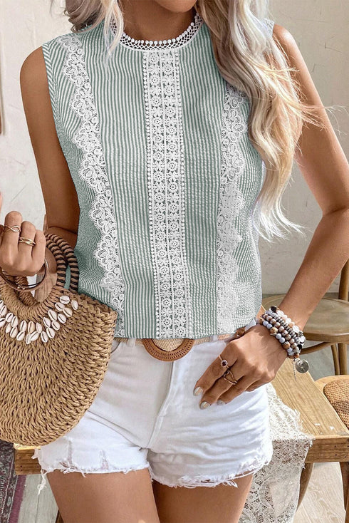Refined Stripe Lace Panel Sleeveless Crew Neck Blouse Top