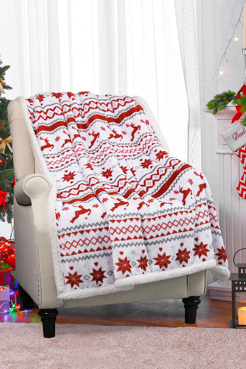 Reindeer And Snowflake Printed Plush Fleece Sherpa Blanket
