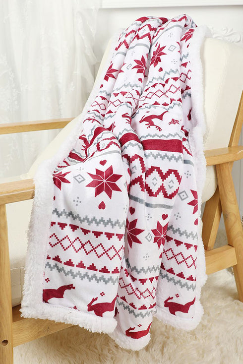 Reindeer And Snowflake Printed Plush Fleece Sherpa Blanket