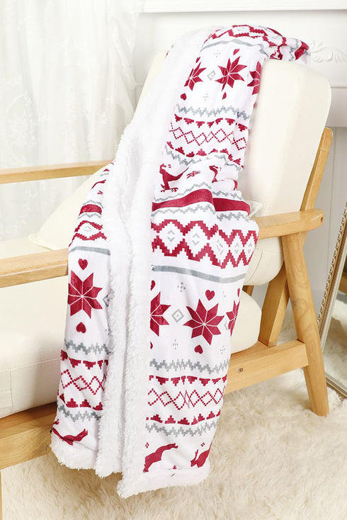 Reindeer And Snowflake Printed Plush Fleece Sherpa Blanket