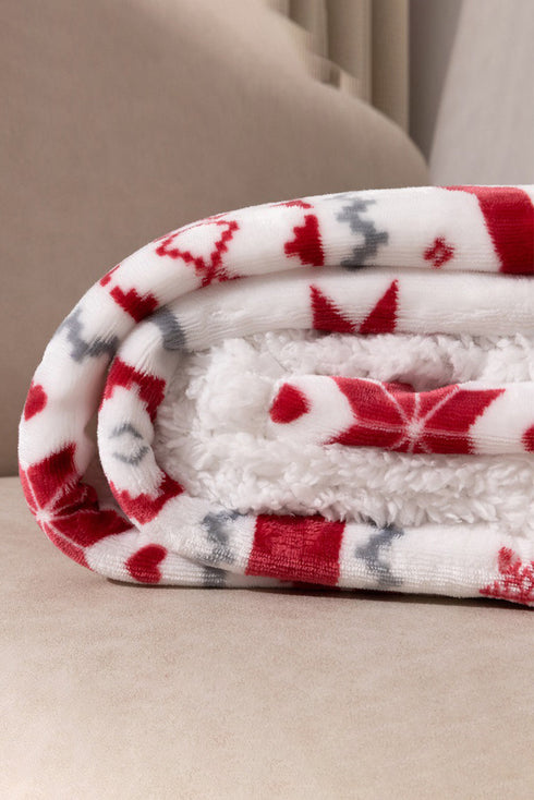 Reindeer And Snowflake Printed Plush Fleece Sherpa Blanket