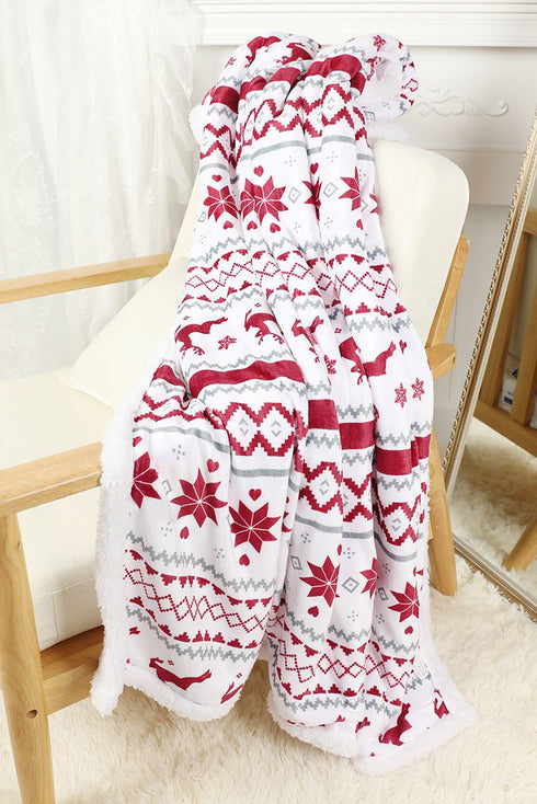 Reindeer And Snowflake Printed Plush Fleece Sherpa Blanket