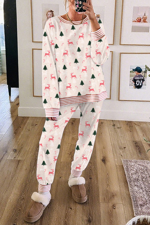 Reindeer And Tree Print Striped Lounge Set