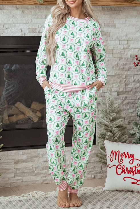 Reindeer And Tree Print Striped Lounge Set