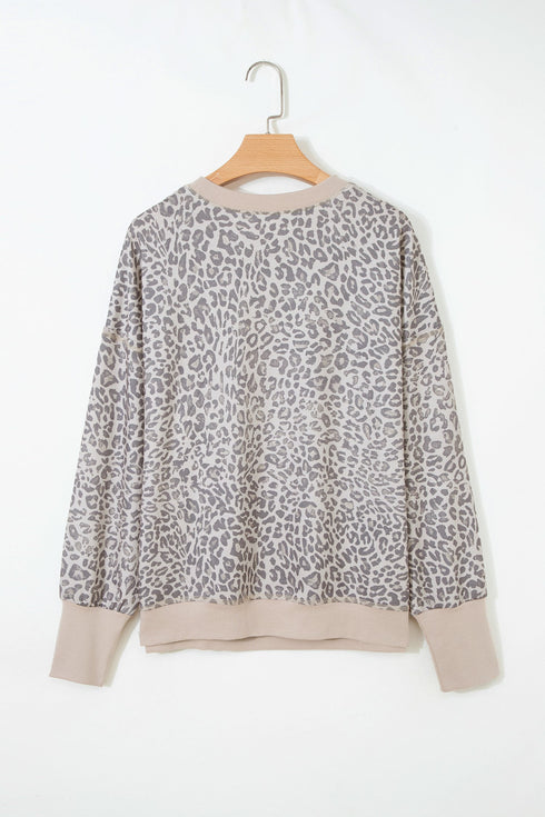 Relaxed Animal Print V Notch Pullover Sweatshirt