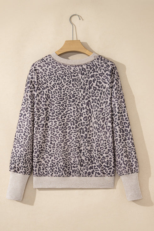 Relaxed Animal Print V Notch Pullover Sweatshirt