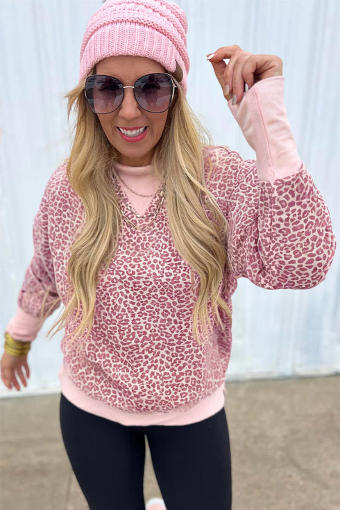 Relaxed Animal Print V Notch Pullover Sweatshirt