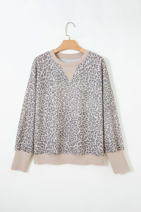 Relaxed Animal Print V Notch Pullover Sweatshirt