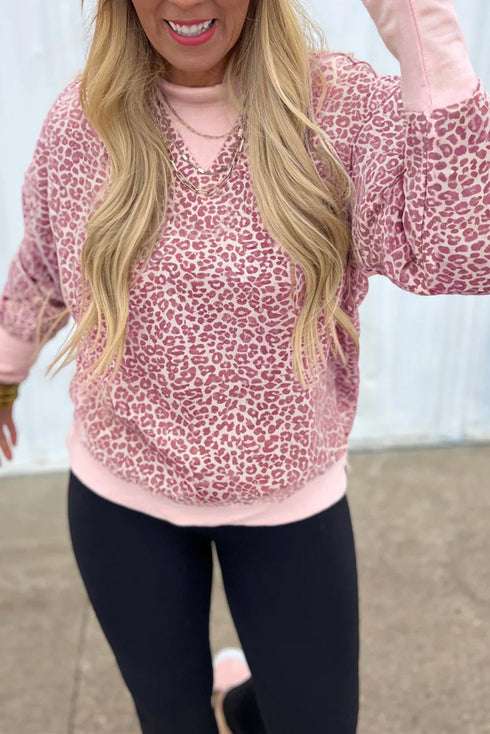 Relaxed Animal Print V Notch Pullover Sweatshirt