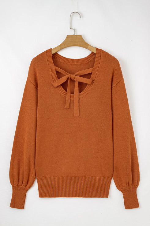 Relaxed Bishop Sleeve Ribbed Trim Knit Pullover Sweater