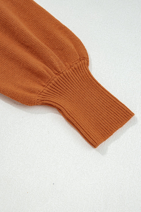 Relaxed Bishop Sleeve Ribbed Trim Knit Pullover Sweater