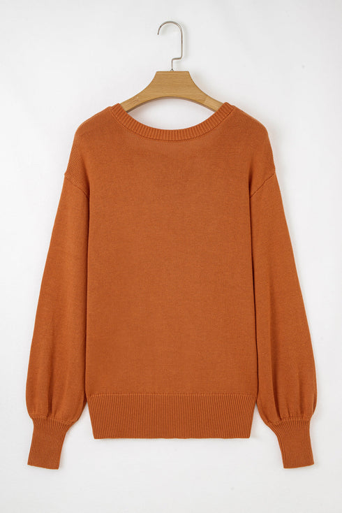 Relaxed Bishop Sleeve Ribbed Trim Knit Pullover Sweater