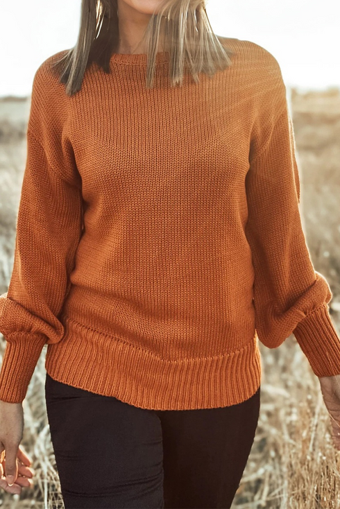 Relaxed Bishop Sleeve Ribbed Trim Knit Pullover Sweater