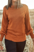 Relaxed Bishop Sleeve Ribbed Trim Knit Pullover Sweater