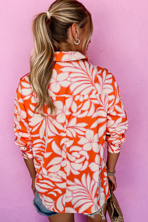 Relaxed Botanical Leaf Pattern Button Down Shirt
