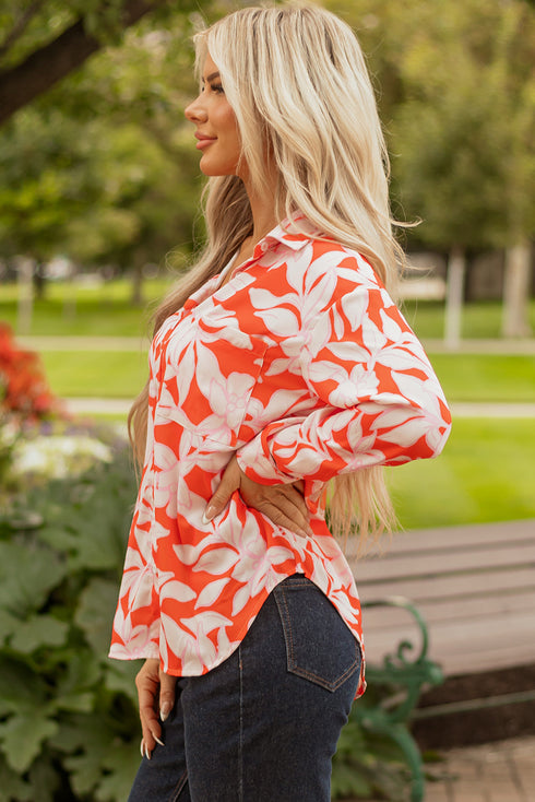 Relaxed Botanical Leaf Pattern Button Down Shirt