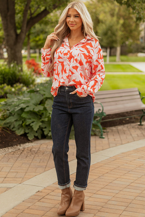 Relaxed Botanical Leaf Pattern Button Down Shirt