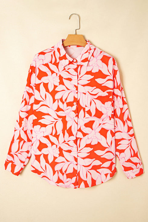 Relaxed Botanical Leaf Pattern Button Down Shirt