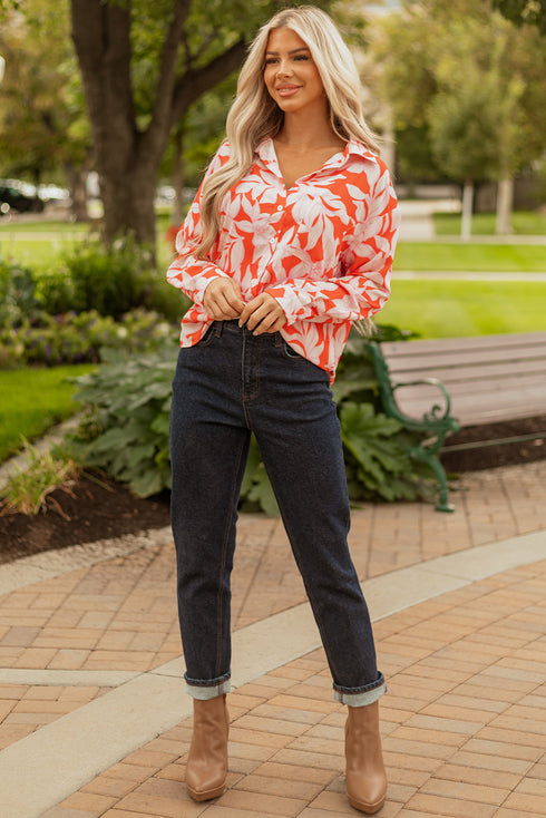 Relaxed Botanical Leaf Pattern Button Down Shirt