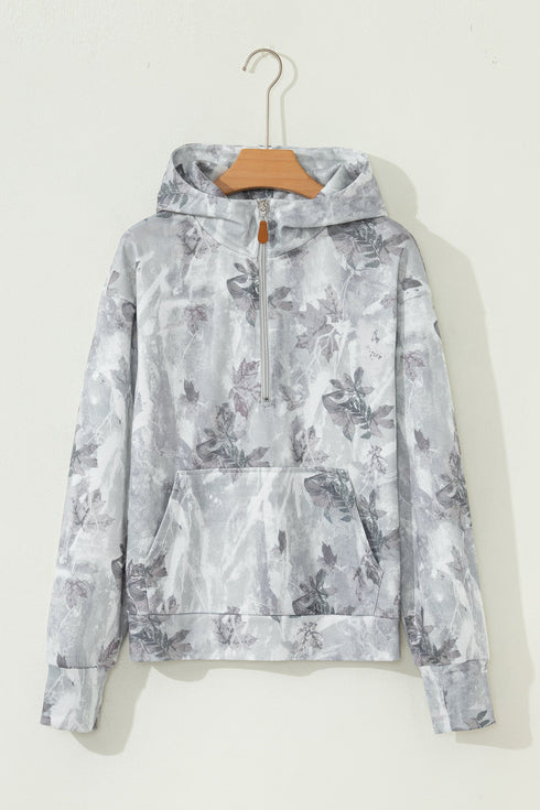 Relaxed Botanical Print Quarter Zip Knit Hoodie