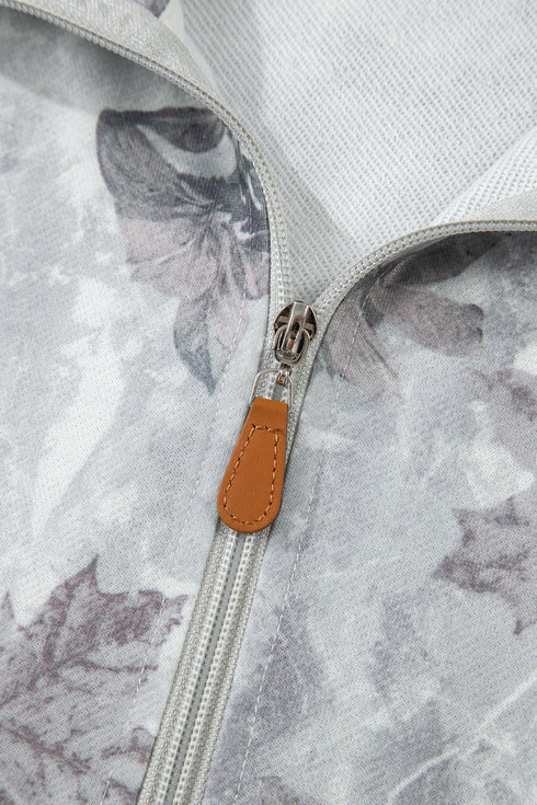 Relaxed Botanical Print Quarter Zip Knit Hoodie