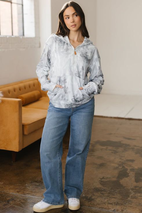 Relaxed Botanical Print Quarter Zip Knit Hoodie