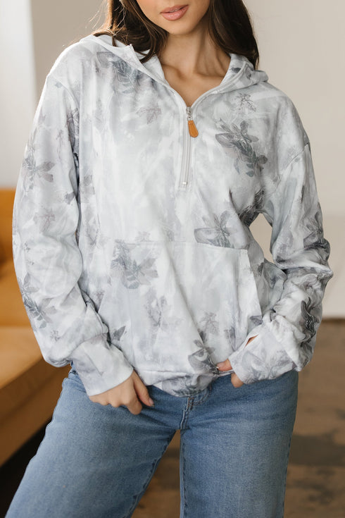 Relaxed Botanical Print Quarter Zip Knit Hoodie