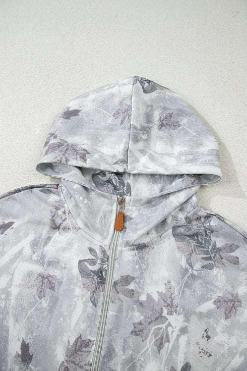 Relaxed Botanical Print Quarter Zip Knit Hoodie