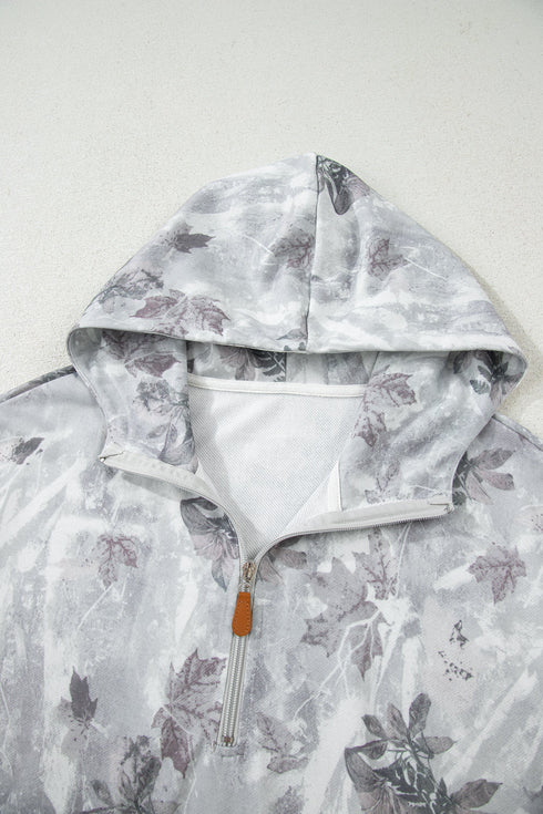 Relaxed Botanical Print Quarter Zip Knit Hoodie