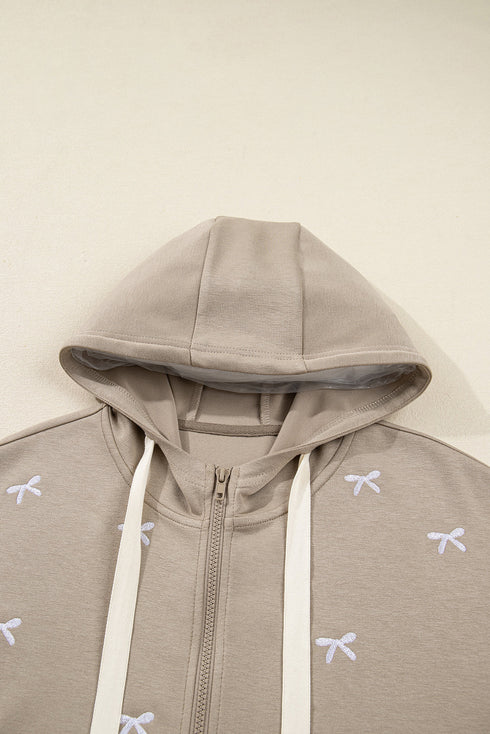 Relaxed Bow Pattern Zip Up Hooded Sweatshirt
