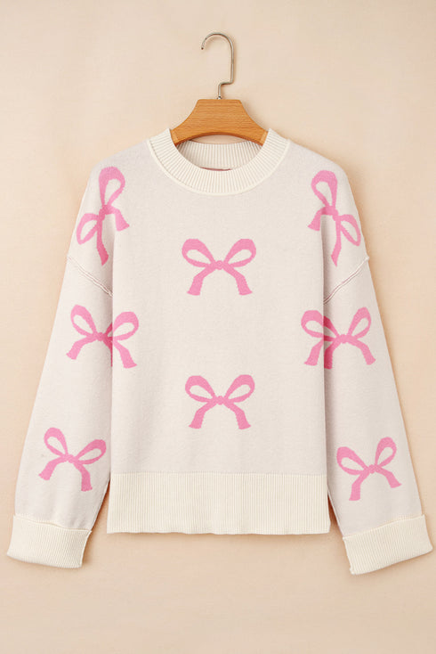 Relaxed Bow Print Drop Shoulder Soft Knit Pullover Sweater