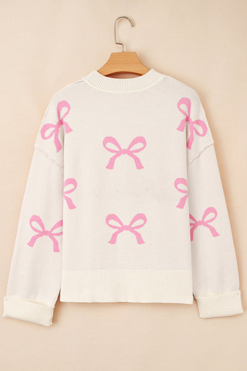 Relaxed Bow Print Drop Shoulder Soft Knit Pullover Sweater