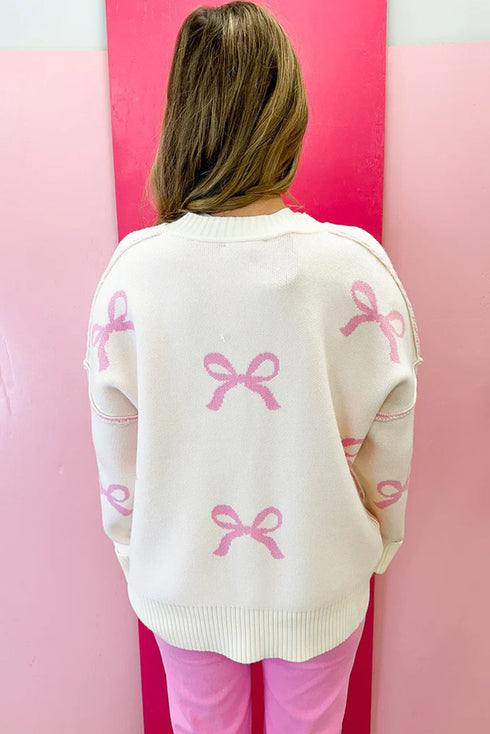 Relaxed Bow Print Drop Shoulder Soft Knit Pullover Sweater