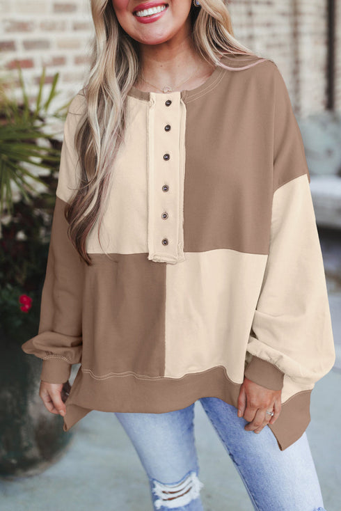 Relaxed Button Front Panel Design Pullover Sweatshirt