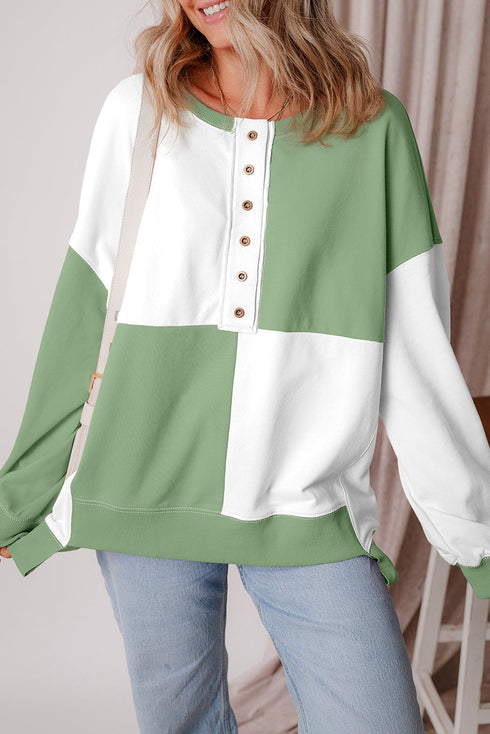Relaxed Button Front Panel Design Pullover Sweatshirt