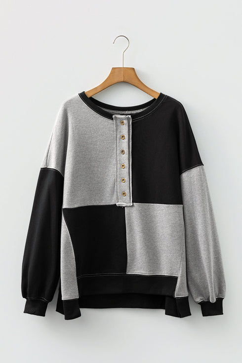 Relaxed Button Front Panel Design Pullover Sweatshirt
