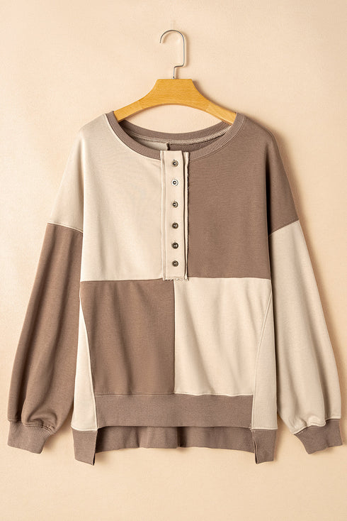 Relaxed Button Front Panel Design Pullover Sweatshirt