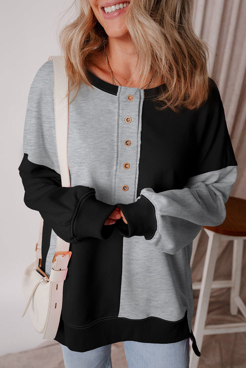 Relaxed Button Front Panel Design Pullover Sweatshirt
