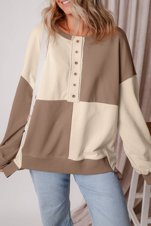 Relaxed Button Front Panel Design Pullover Sweatshirt