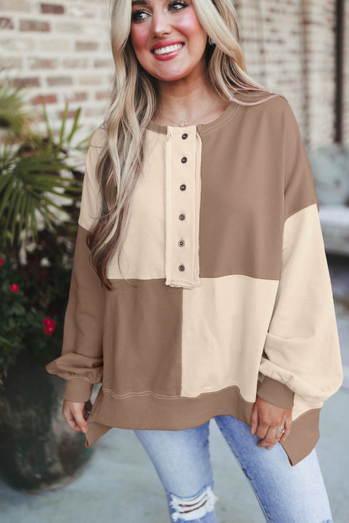 Relaxed Button Front Panel Design Pullover Sweatshirt