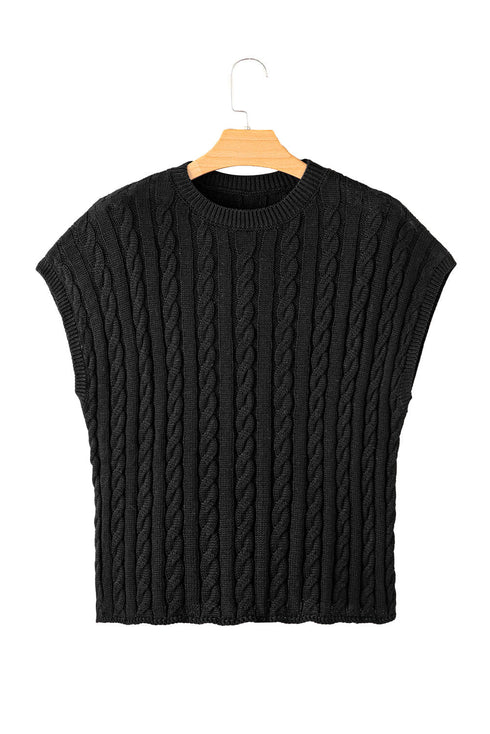 Relaxed Cable Knit Crew Neck Short Sleeve Sweater