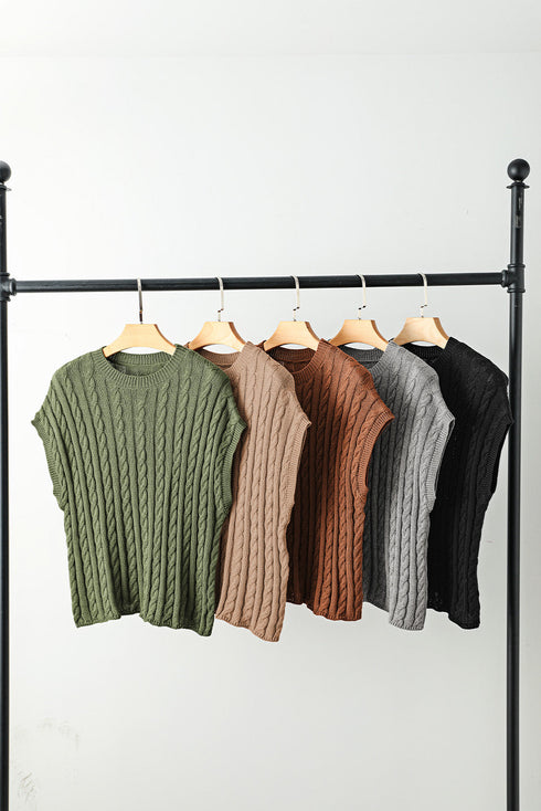 Relaxed Cable Knit Crew Neck Short Sleeve Sweater