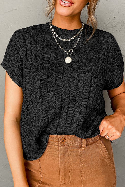 Relaxed Cable Knit Crew Neck Short Sleeve Sweater